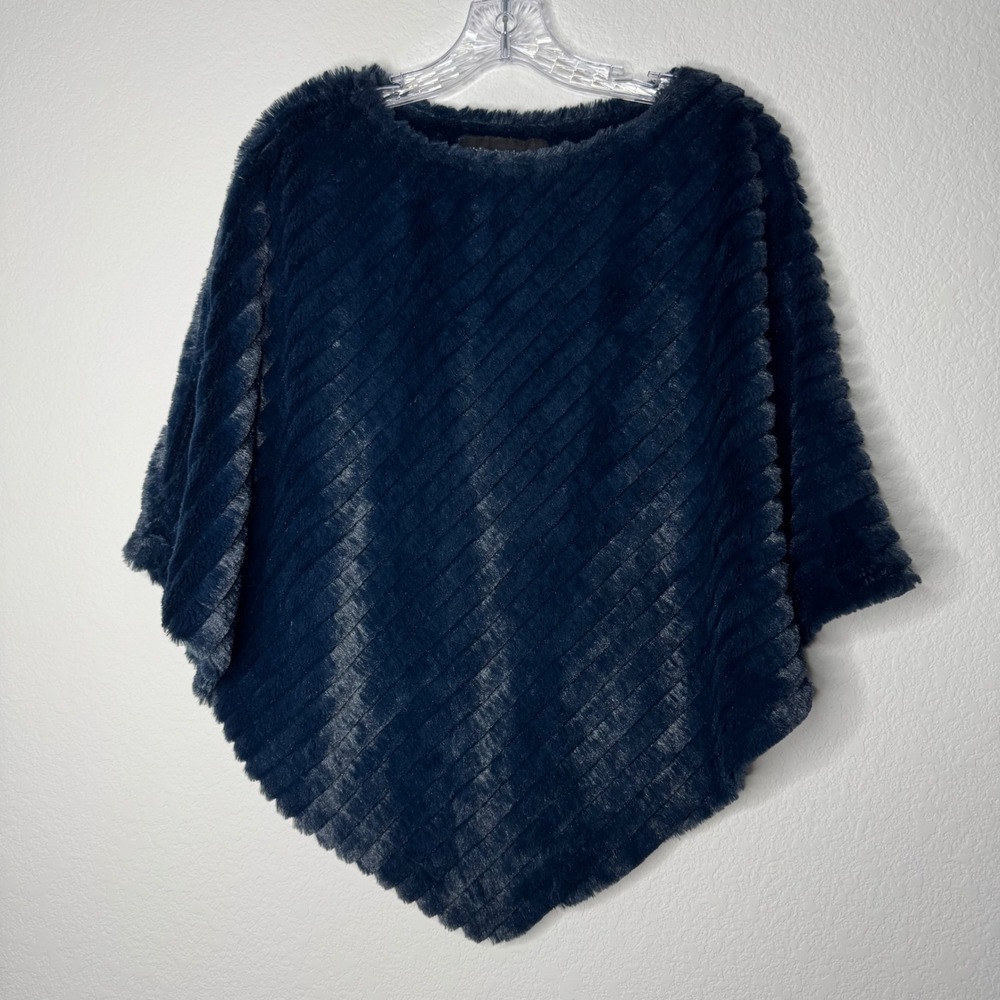 Black Rivet Navy Blue Faux Fur Ribbed Poncho Wrap Women Size S/M Prom Homecoming